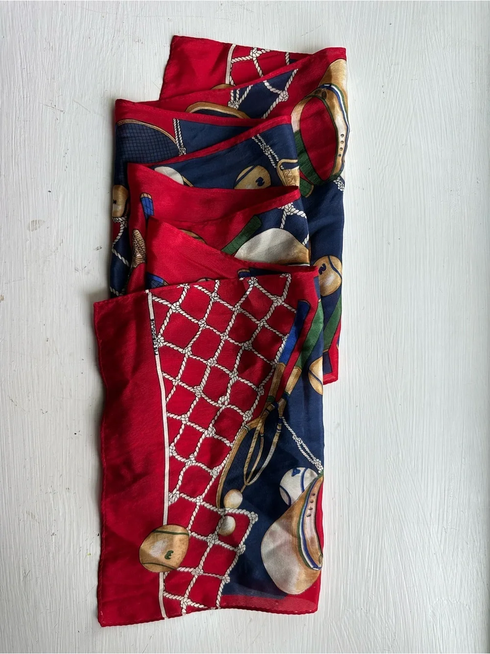 Vintage Liz Claiborne Tennis Equestrian Silk Feel Scarf Red Blue Chain Print